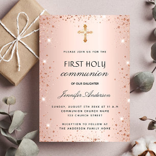 Invitation Première communion rose or parties scintillant pou