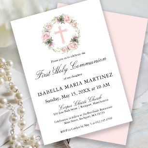 Invitation Première Communion Rose Rose Rose Floral