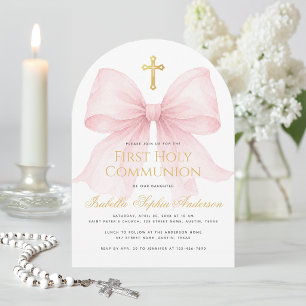 Invitation Première communion ruban rose et croix en faux or