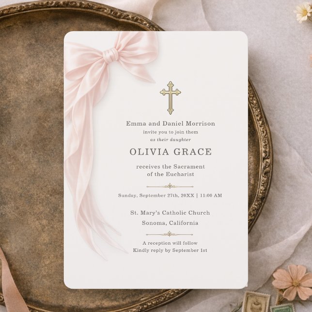 Invitation Première communion ruban rose fille  (Créateur téléchargé)