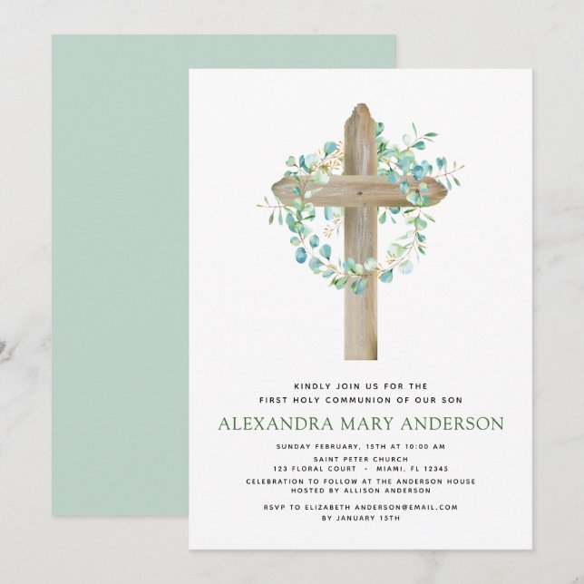 Invitation Première Communion Sage vert Eucalyptus (Devant / Derrière)