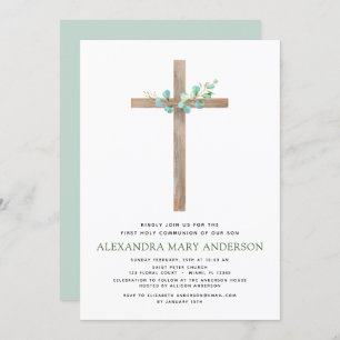 Invitation Première Communion Sage vert Eucalyptus Invi