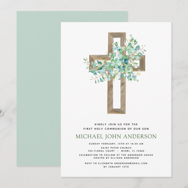 Invitation Première Communion Sage vert Eucalyptus Invi (Devant / Derrière)