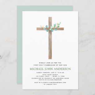 Invitation Première Communion Sage vert Eucalyptus Invi