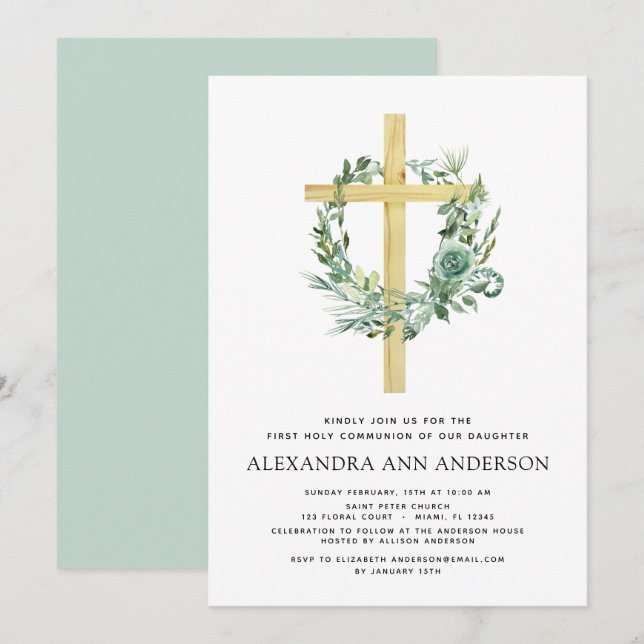 Invitation Première Communion Sage vert Eucalyptus Invi (Devant / Derrière)