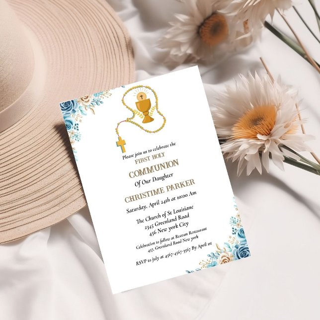 Invitation Première communion sainte aquarelle bleu floral (Créateur téléchargé)