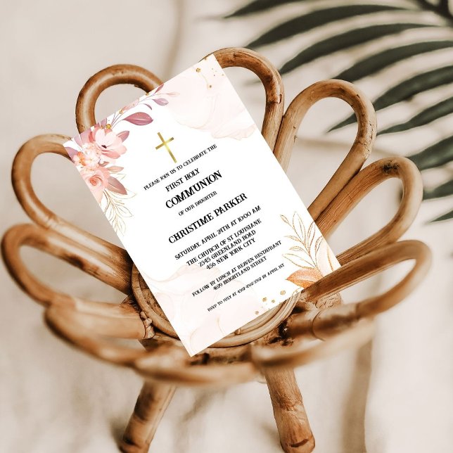Invitation Première communion sainte aquarelle rose splash in (Créateur téléchargé)