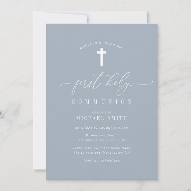 Invitation première communion sainte bleue poussiéreuse minim (Devant)
