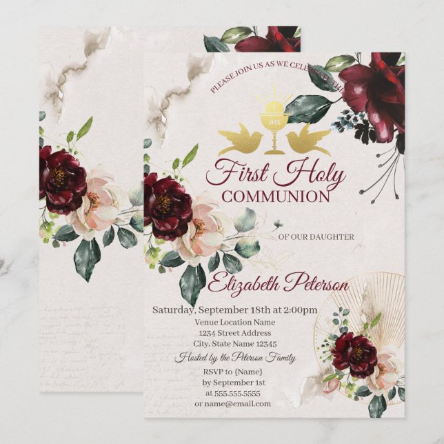 Invitation Première communion sainte des Roses de Bourgogne (Devant / Derrière)