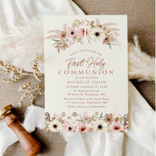 Invitation première communion sainte, florale bohème moderne