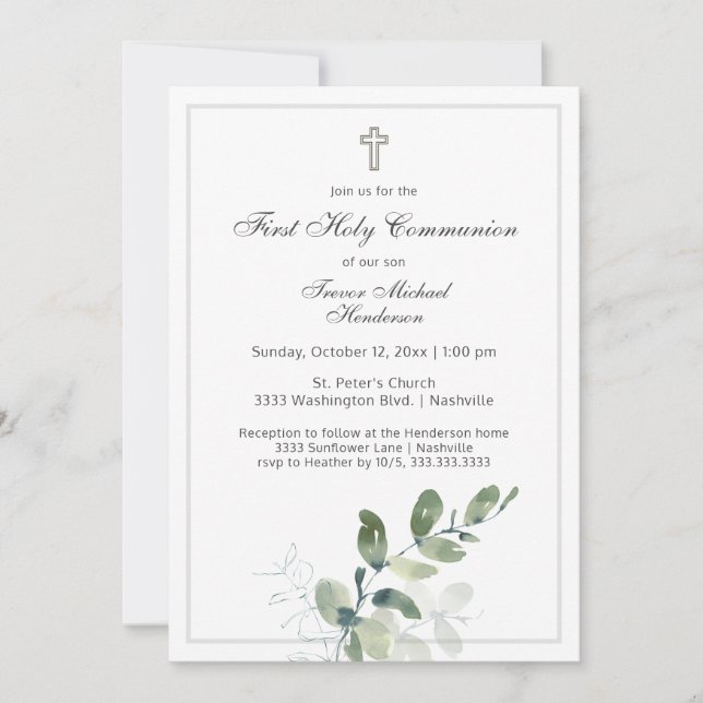 Invitation Première Communion Sainte moderne Eucalyptus Vert (Devant)