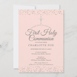 Invitation Première communion Silver Stardust rose poudré