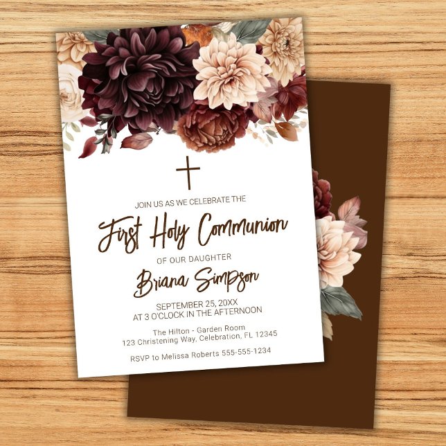 Invitation Première communion solennelle fleurs beige marron  (Créateur téléchargé)