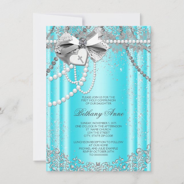 Invitation Première communion turquoise de Pearl bleu et gris (Devant)