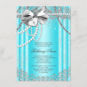 Invitation Première communion turquoise de perle bleue et