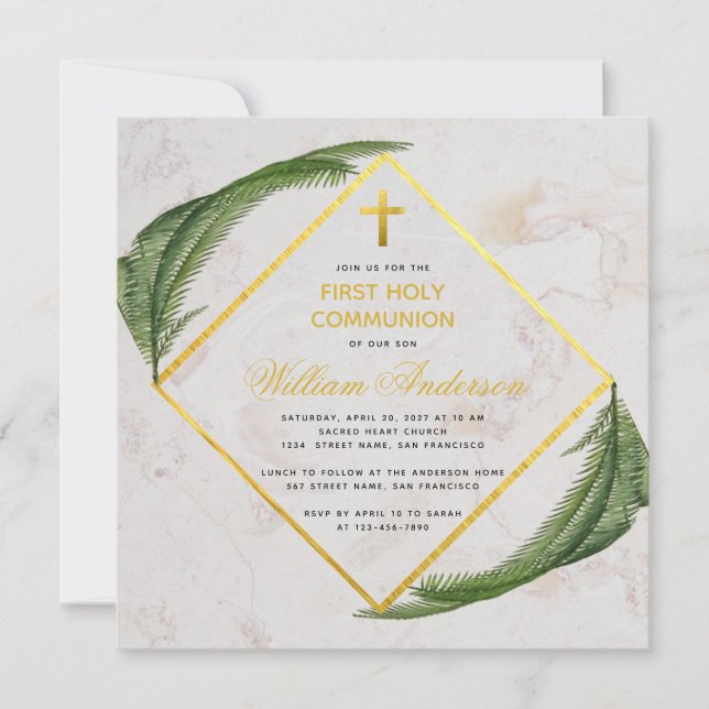 Invitation Première Communion Verdure Faux Gold Marble Fern (Devant)