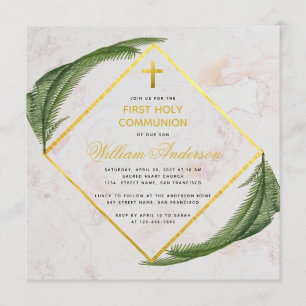 Invitation Première Communion Verdure Faux Gold Marble Fern