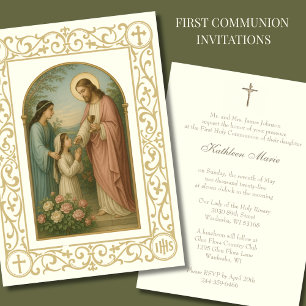 Invitation Première communion Vintage fille avec Jésus