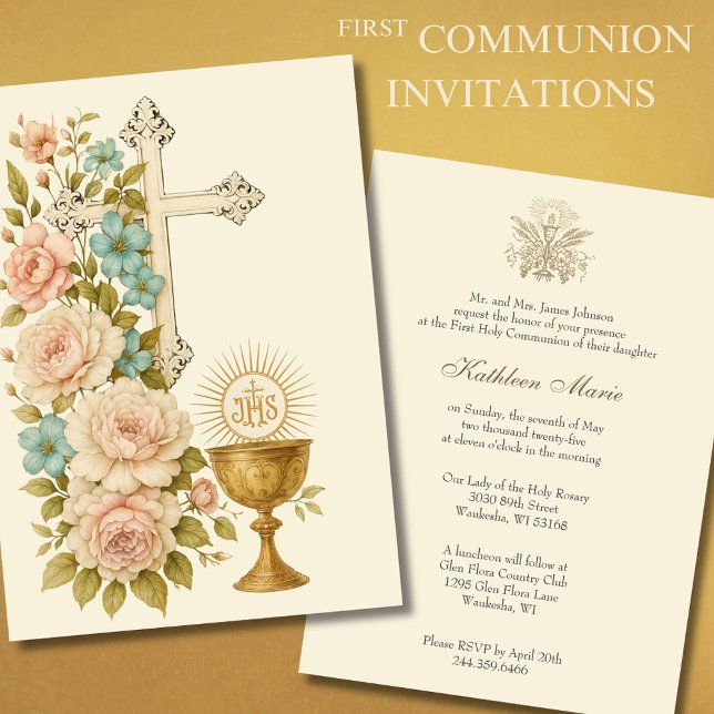 Invitation Première Communion Vintage Florale (Créateur téléchargé)