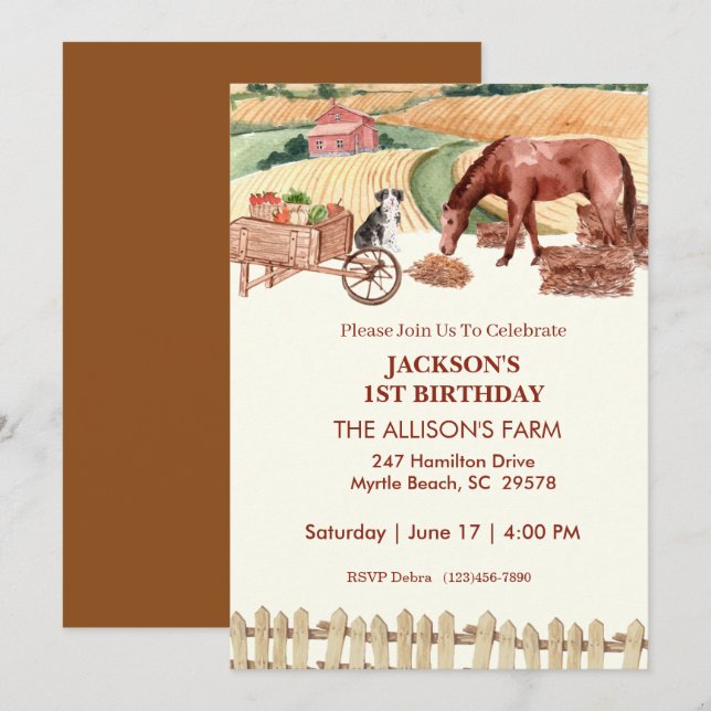Invitation Première ferme d'anniversaire Animaux de ferme Inv (Devant / Derrière)