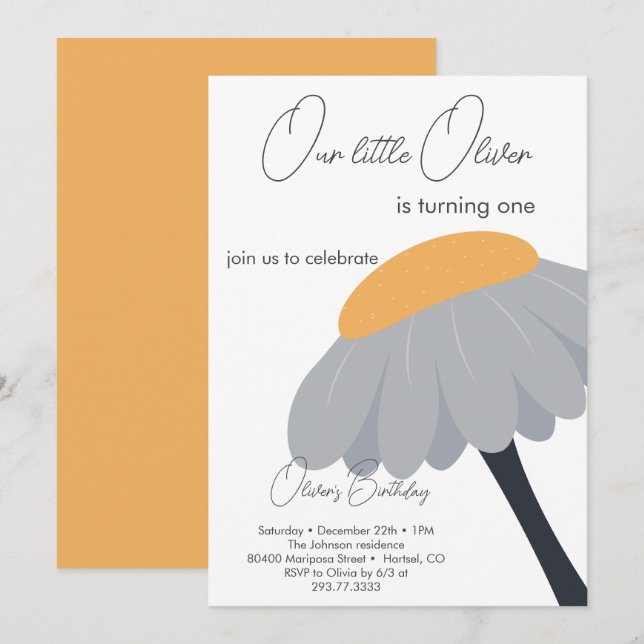 Invitation Première fête d'anniversaire Chamomile Fleur migno (Devant / Derrière)