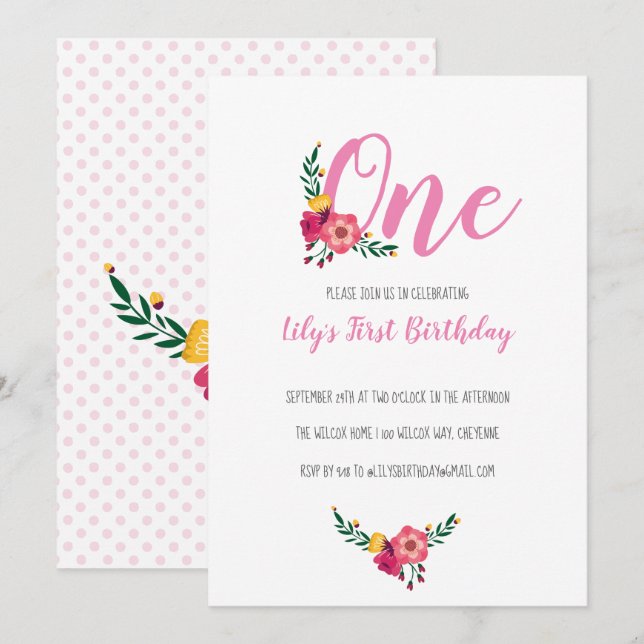 Invitation Première fête d'anniversaire de la fille rose Flor (Devant / Derrière)