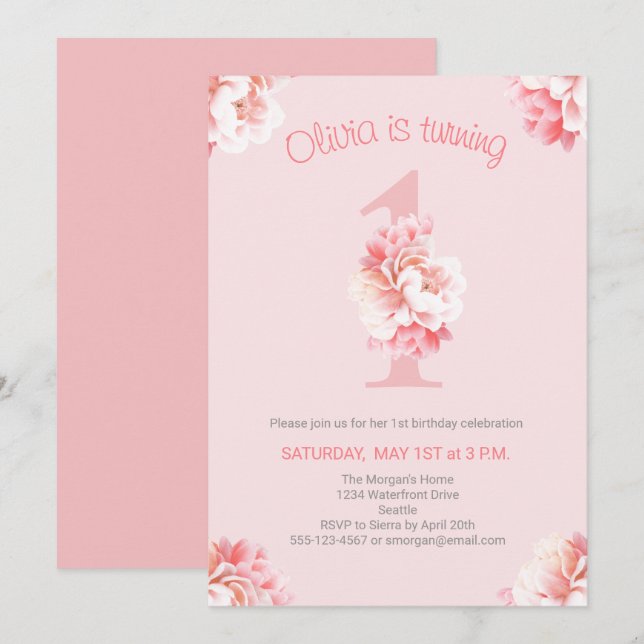 Invitation Première fête d'anniversaire de la fille rose mign (Devant / Derrière)