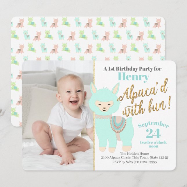 Invitation Première fête d'anniversaire de l'Alpaca avec phot (Devant / Derrière)