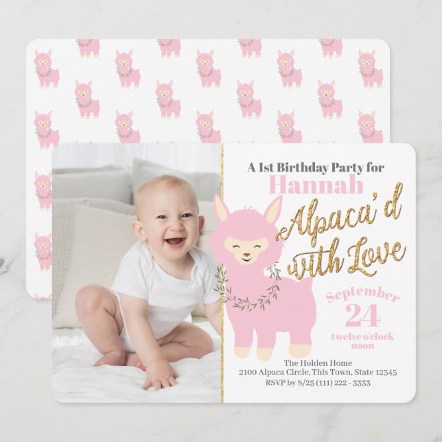 Invitation Première fête d'anniversaire de l'Alpaca avec phot (Devant / Derrière)