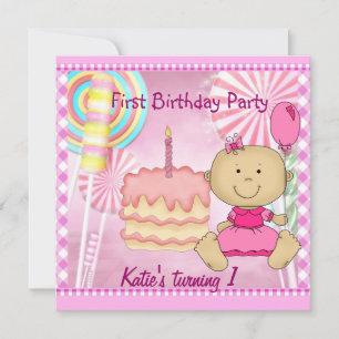 Invitation Première Fête d'Anniversaire Enfant Fille Rose Gât