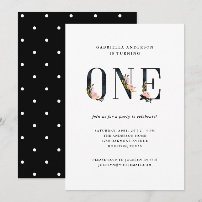 Invitation Première fête d'anniversaire florale assez noire (Devant / Derrière)