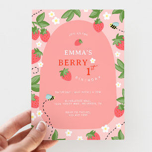 Invitation Première fête d'anniversaire rose fraise abeille B