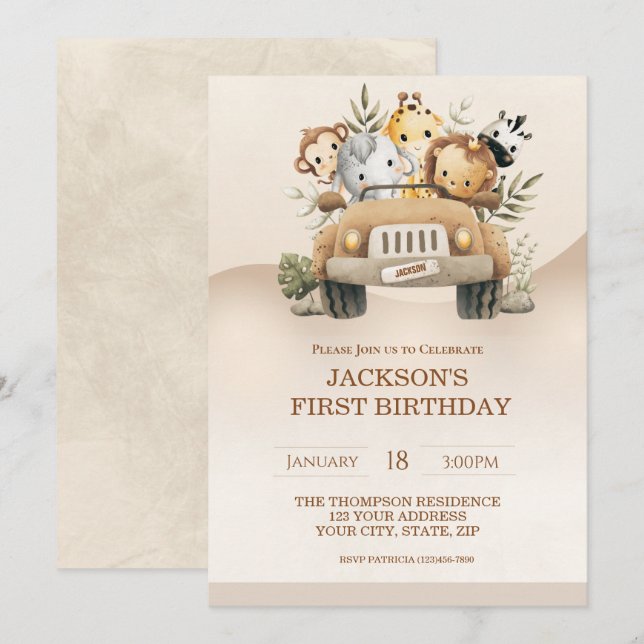 Invitation Première fête Safari Jungle Animaux (Devant / Derrière)