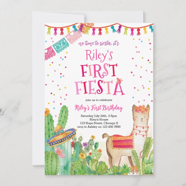 Invitation Première Fiesta Llama Catus Girl Anniversaire Invi (Devant)