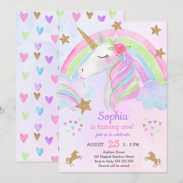 Invitation Première fille de Unicorn Premier anniversaire Rai (Devant / Derrière)