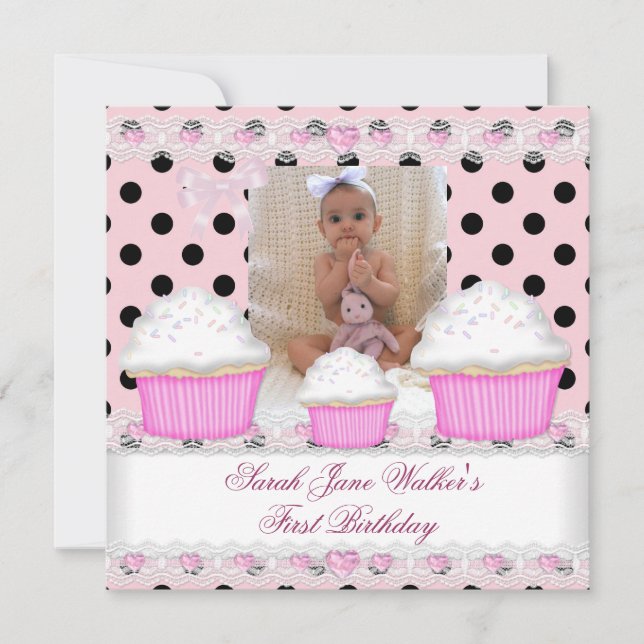 Invitation Première Fille Fille Pink Cupcakes Black White Bab (Devant)