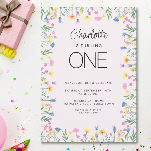 Invitation Première fille Floral fleur sauvage rose anniversa (Créateur téléchargé)