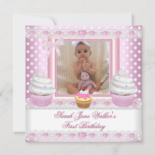 Invitation Première Fille Pink Cupcakes White Spot Baby