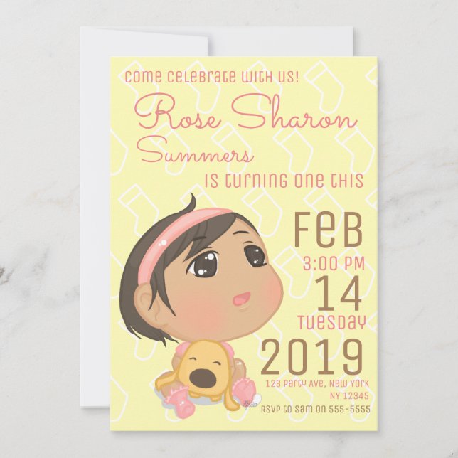 Invitation Première partie de bébé d'anniversaire de rose et (Devant)