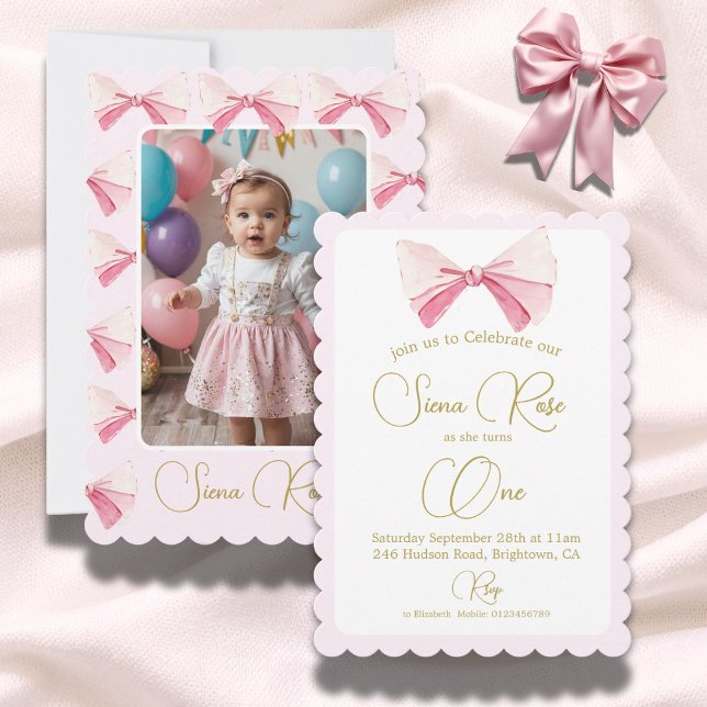 Invitation Première photo d'anniversaire aquarelle nœud rose  (Créateur téléchargé)