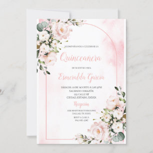 Invitation Première quinceanera rose florale à rousse rose In