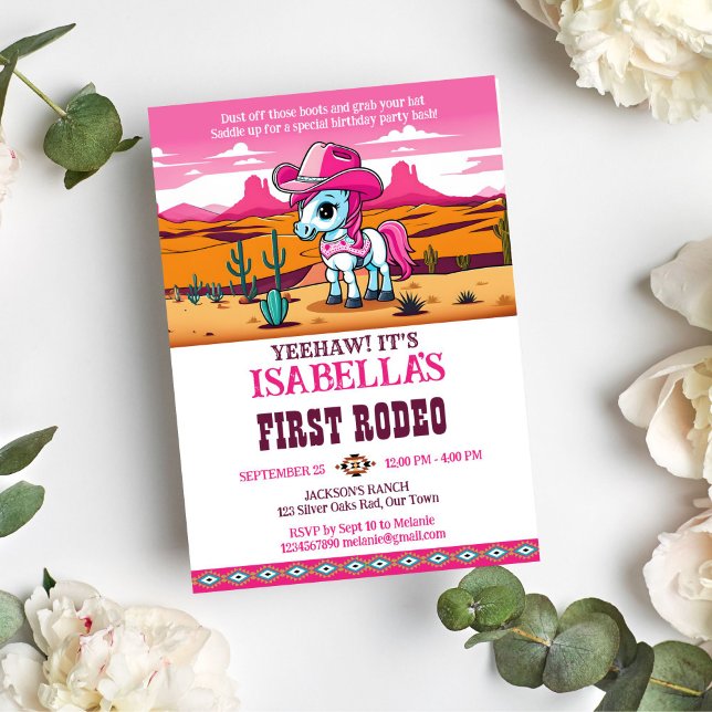 Invitation Première Rodeo mignonne cofille cheval bébé fête d (First rodeo pink cowgirl baby horse birthday party template invitation digital download wild west)