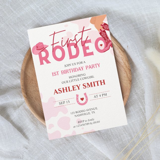 Invitation Première Rodéo Petite Cowgirl 1er Anniversaire Ros (First rodeo - 1st birthday party invitation for girls, pink, red, cowgirl)