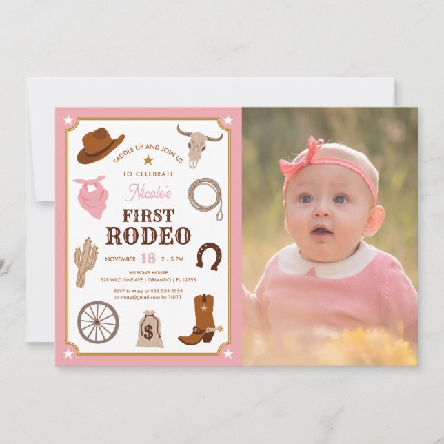 Invitation Première Rodéo Rose Girl Wild West 1er Anniversair (Devant)