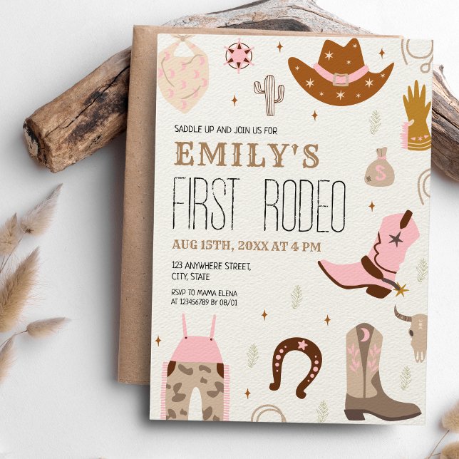 Invitation Première Rodéo Wild West Pink Cowgirl 1er annivers (First Rodeo - Pink Girl's 1st birthday)