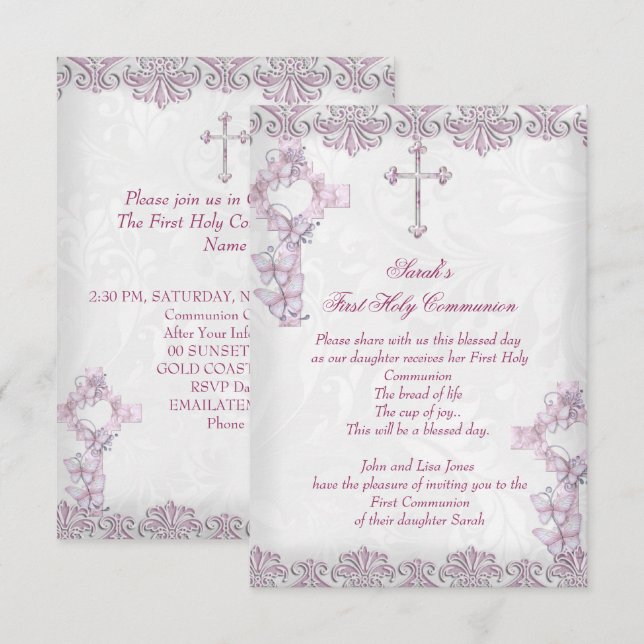 Invitation Première Sainte Communion 1ère Croix Filles Damas  (Devant / Derrière)