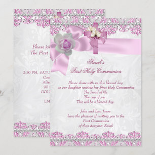 Invitation Première Sainte Communion 1ère Croix Filles Rose b