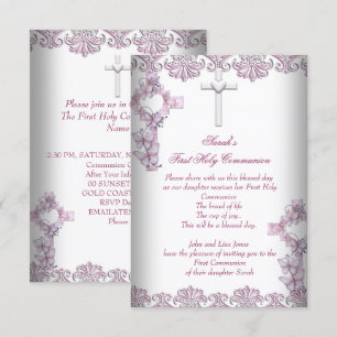Invitation Première Sainte Communion 1ère Croix Filles Rose b