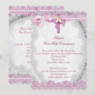Invitation Première Sainte Communion 1ère Croix Filles Rose b
