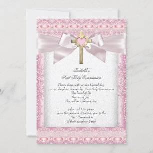 Invitation Première Sainte Communion 1ère Fille Croix Rose De